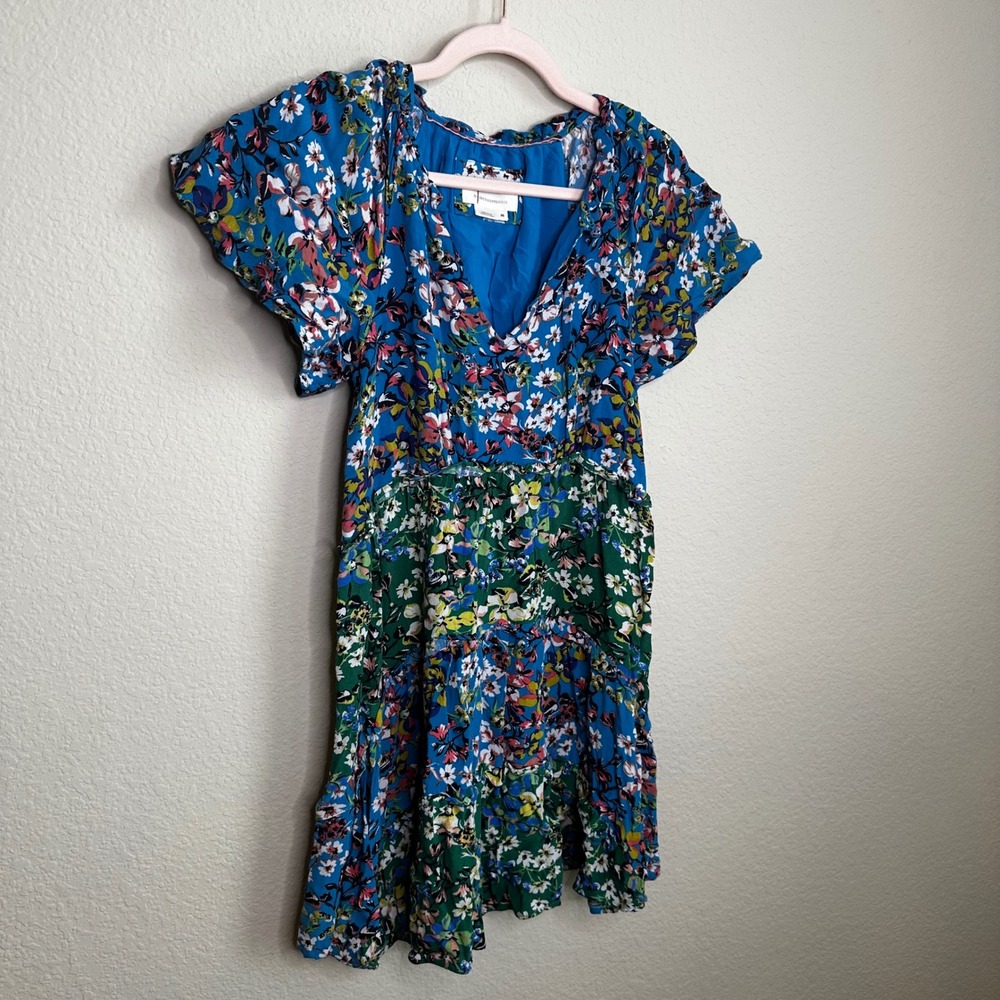 Anthropologie Floral Tiered Mini Dress Blue Green Mixed Print V-Neck‎ XS Boho